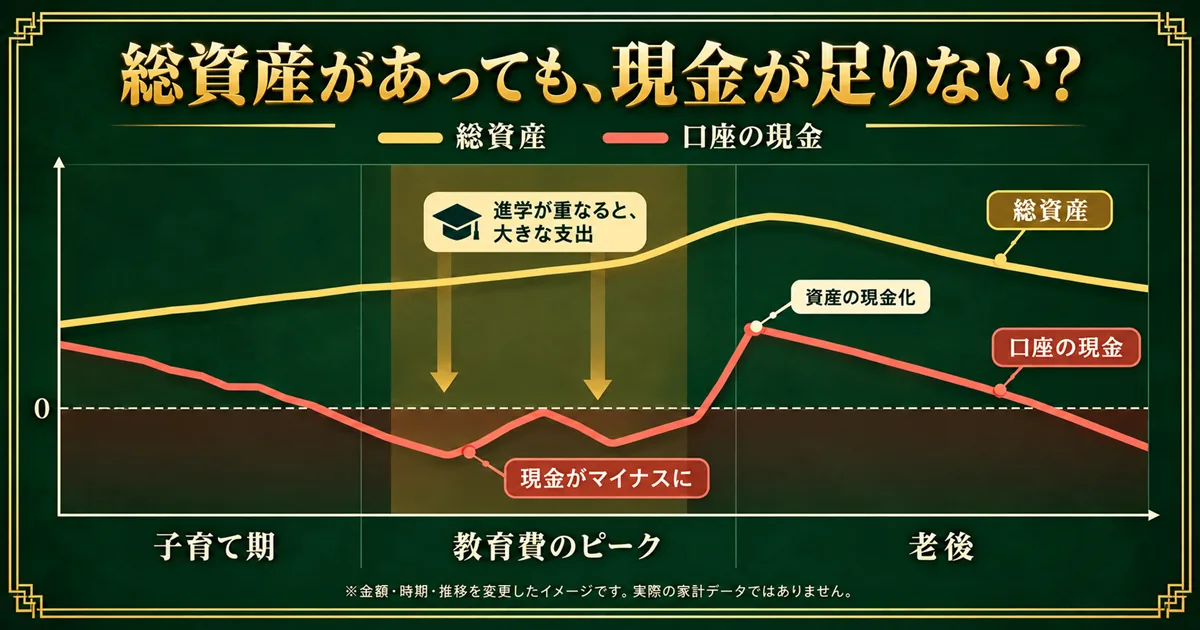 総資産はプラスでも口座の現金がマイナスになる年があることを示すキャッシュフロー表のイメージ図